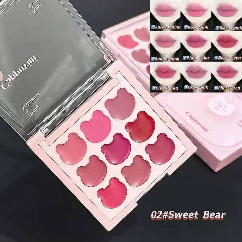 9Color Bear Lipstick Palette Mud Matte Sweet Warm Colors Cheeks Blush Non-stick Cup Lip Gloss Facial Beauty Cosmetic Makeup H260302