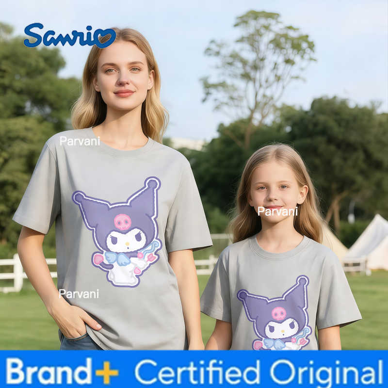 Sanrio 2026 Summer Kuromi Retro High-Quality 100 Cotton Mens T-shirt Oversized Cute Gradient Print Top Unisex Family Matching Y2k H260302