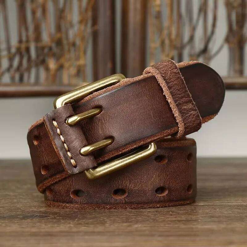 3.8cm Vintage Men's Real Cowhide Genuine Leather Copper Double Needle Buckle Handmade Jeans Belt Fashion Male Strap S260228