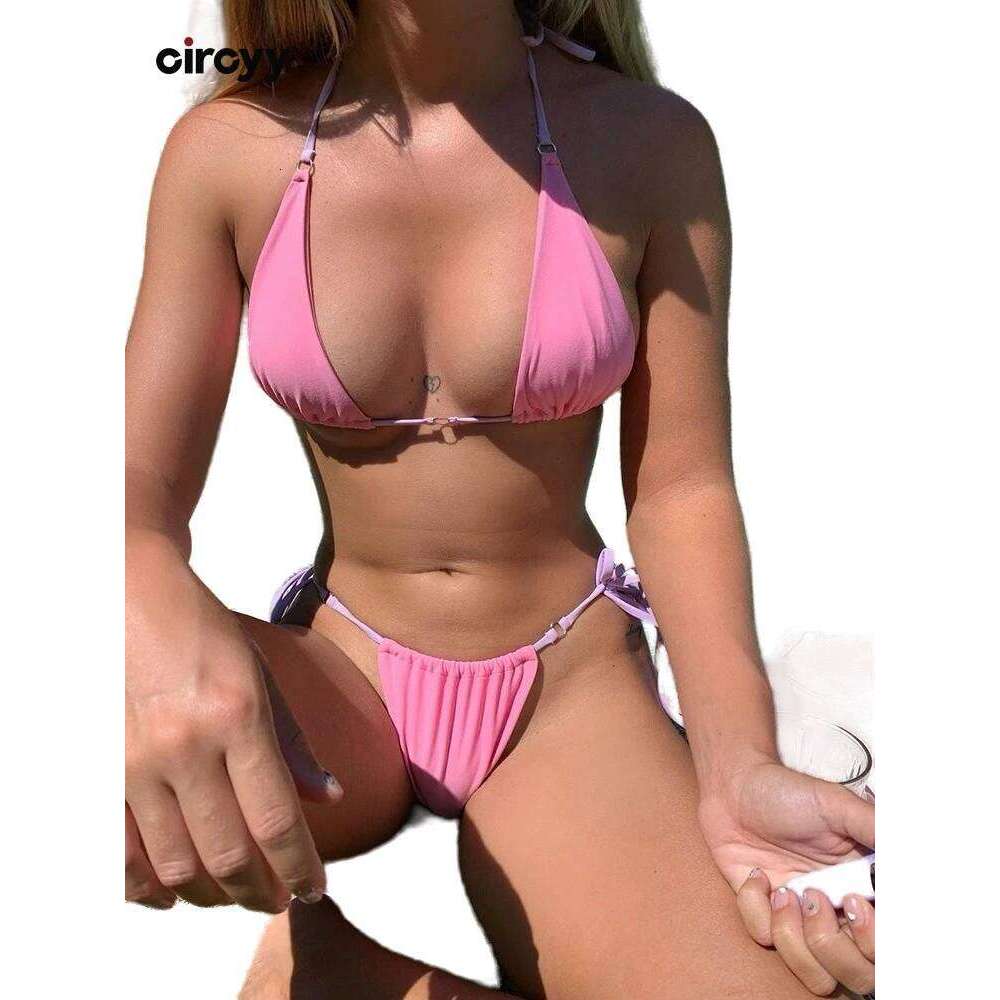 Circyy Print Bikini Women Dot Solid Swimwear Backless Lace Up Beachwear Sexy Thong Simple Classic Split Swimsuit Summer 2025 New Z260301
