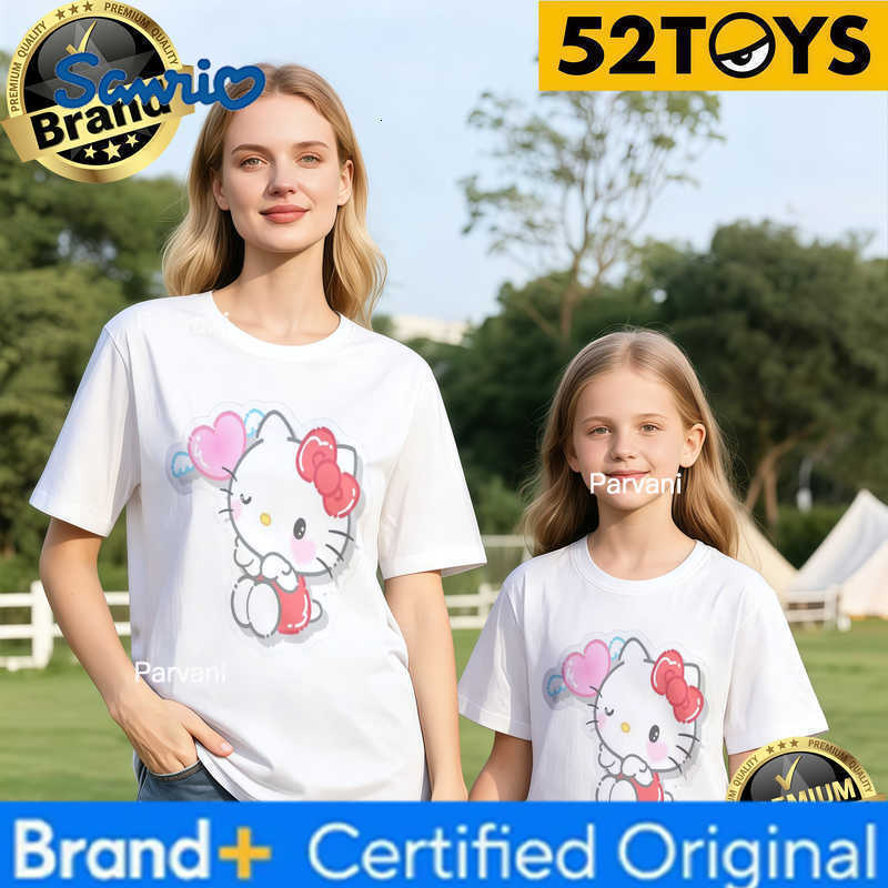 Sanrio 2026 Autumn-Winter Trending Hello Kitty Heart Bubble Print 100 Cotton Parent-Child T-Shirts High Quality Loose Casual Y2k H260302