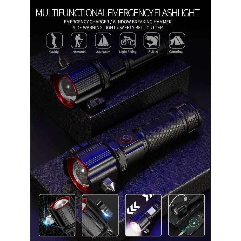 High Power Zoom LED Flashlight with USB Charging COB Safety Hammer Multi-functional Waterproof Aluminum Alloy White Laser Torch Z260301