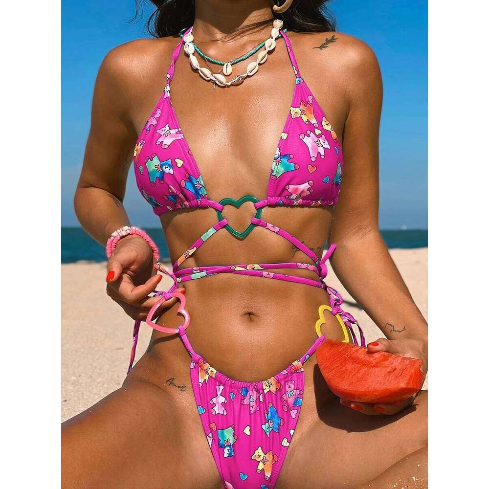 Cartoon Print Cut Out String Triangle Bikinis 2025 Women Sexy Swimsuit Thong Swimwear Female Bathing Swimming Suit Beachwear Z260301