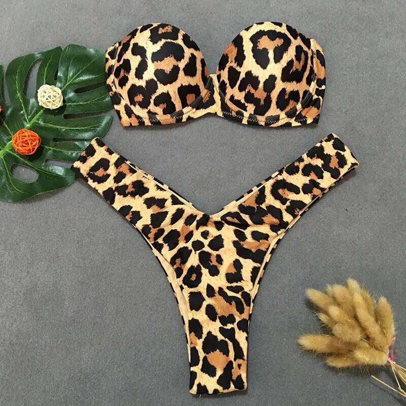 Sexy Leopard Bikini 2023 Push Up Bandeau Swimsuit Female Swimwear Women Thong Bikinis Set Bather Beachwear Bathing Suit Pool Z260301