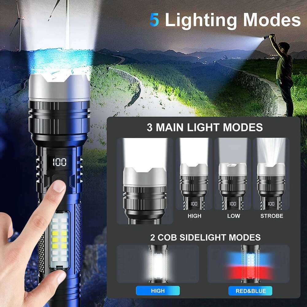 Super Bright LED Flashlight 5 Lighting Modes USB Rechargeable Flashlights Telescopic Zoom Torch with Red/Blue COB Side Lights Z260301