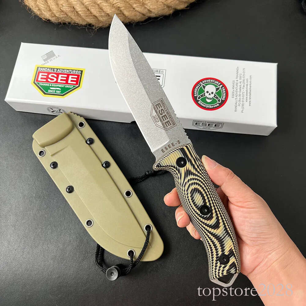 H2501 ESEE-5 Survival Straight Knife 1095 High Carbon Steel Stone Wash Drop Point Full Tang G10 Handle Outdoor Fixed Blade Knives with Kydex