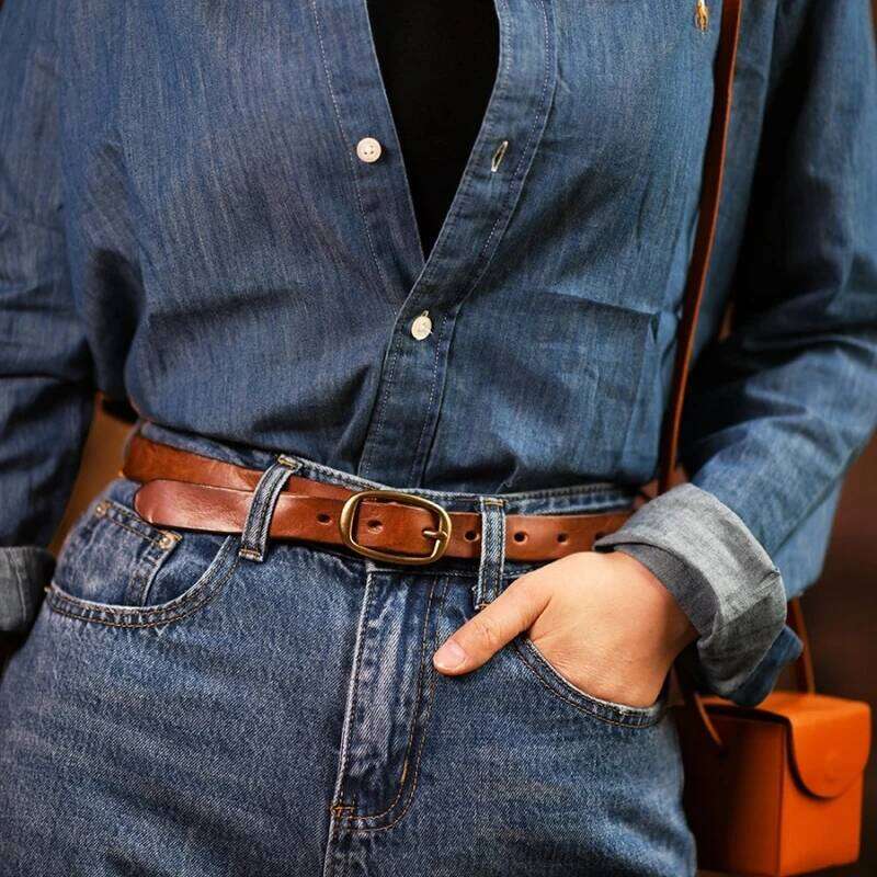 Retro Narrow Genuine Leather Women's Pure Copper Button Western Cowboy Style Versatile Jeans Fashion Luxury Women Belt S260228