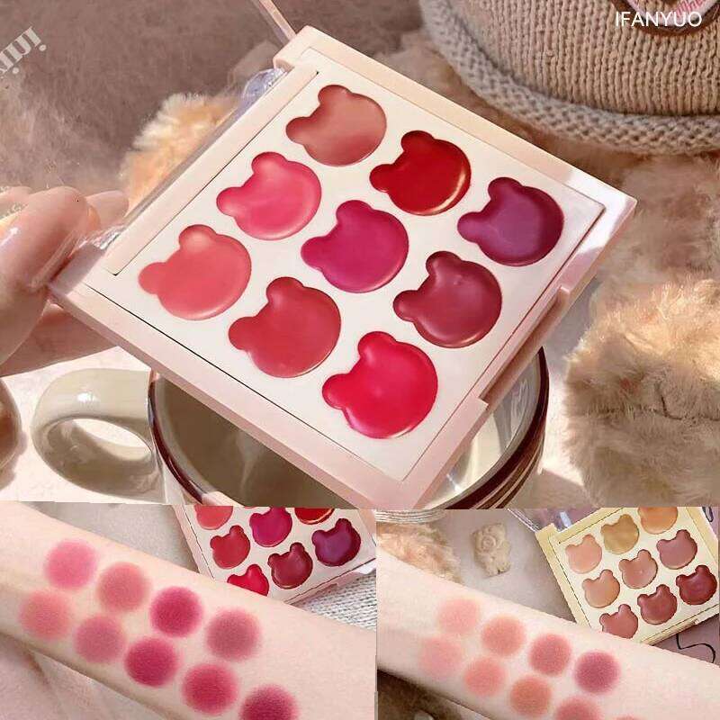 9Color Bear Lipstick Palette Mud Matte Sweet Warm Colors Cheeks Blush Non-stick Cup Lip Gloss Facial Beauty Cosmetic Makeup H260302