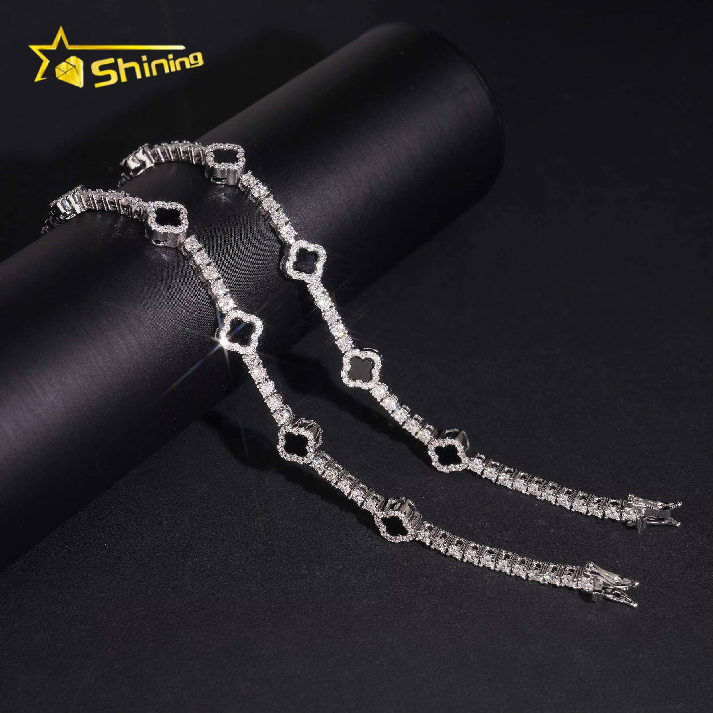 USA Warehouse RTS GRA Certificate 925 Solid Silver Hip Hop Jewelry Iced Out VVS Moissanite Diamond 3mm Clover Tennis Bracelet
