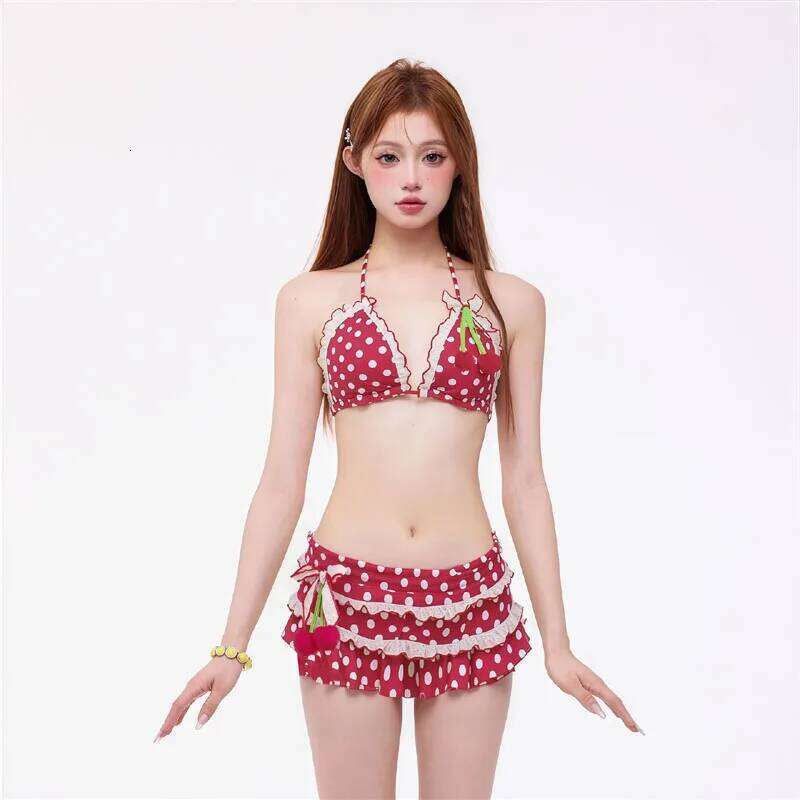 Lolita Cute Dots Ruffles Patchwork Holiday Beach 2 Piece Set Women Lace Up Halter Bra Tops + Shorts Summer Bathing Suit Swimwear Z260301