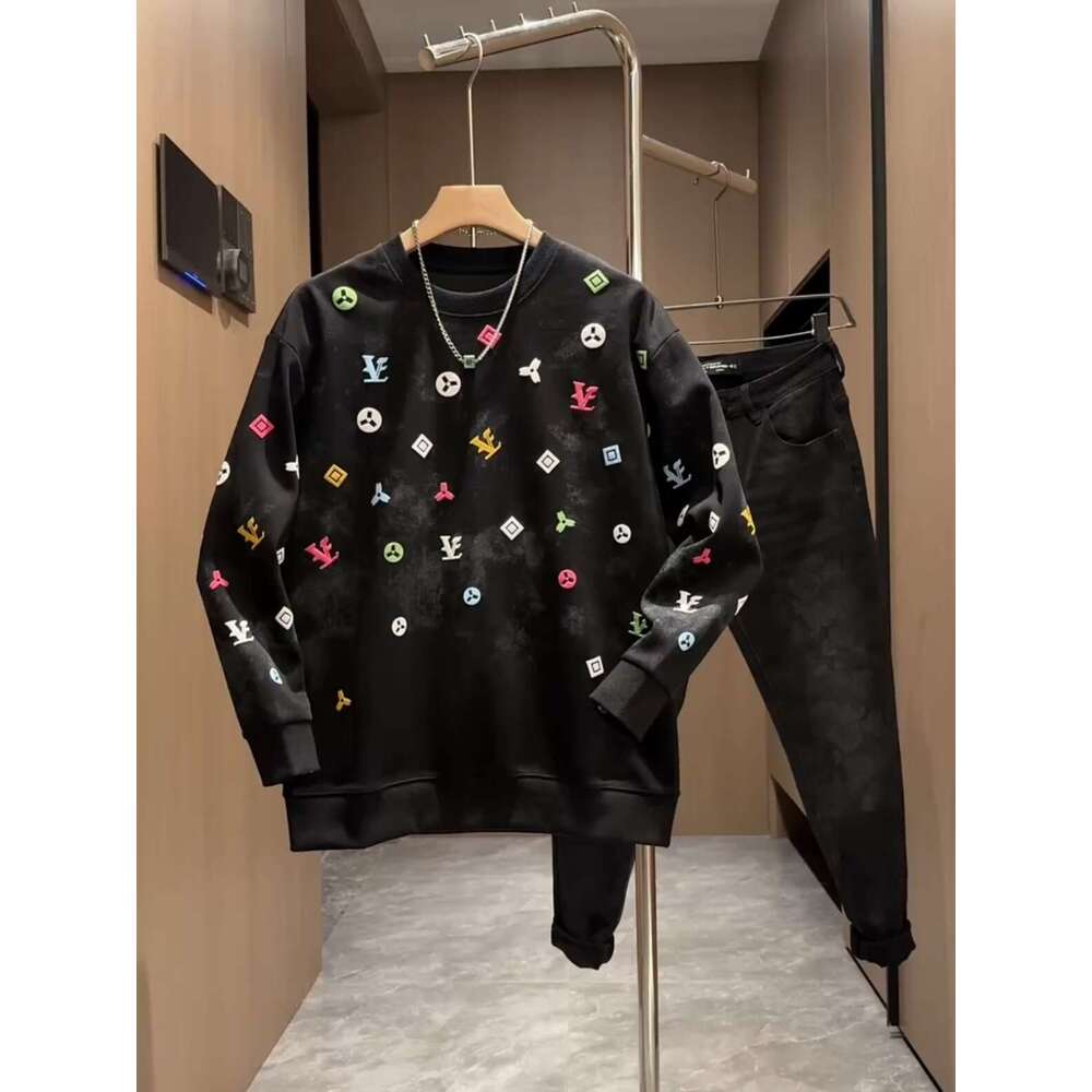 Trendy Brand Men's Sweatshirt Autumn New Full Old Flower Foam Print Long Sleeve T-Shirt Light Luxury Versatile Base Shirt