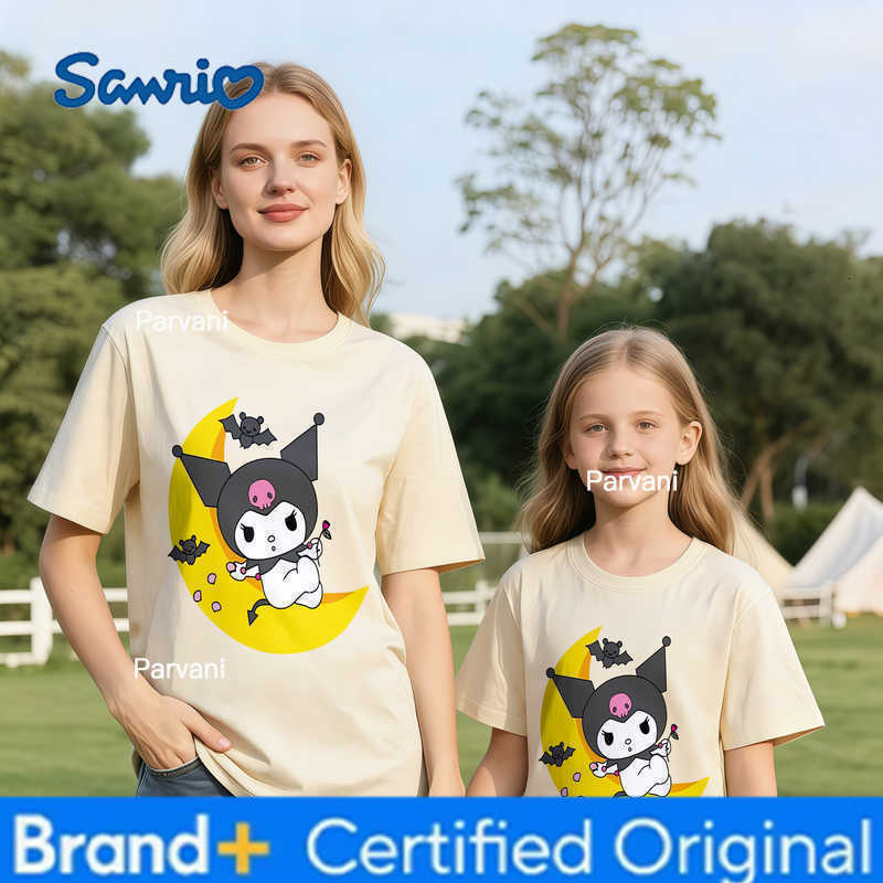 Sanrio 2026 Summer Kuromi Retro High-Quality 100 Cotton Mens T-shirt Oversized Cute Moon Bat Print Top Unisex Family Matching H260302