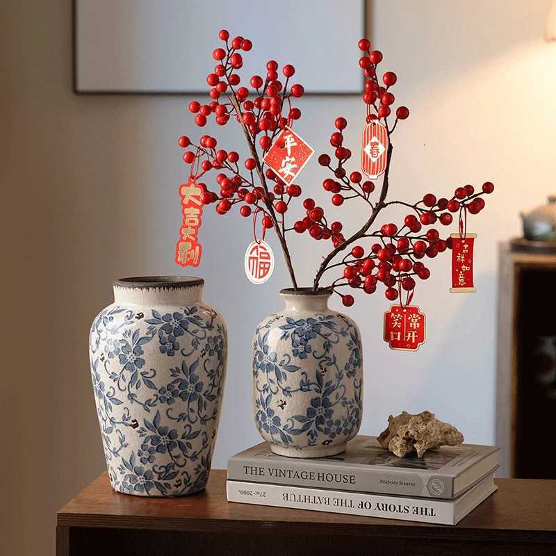 Blue and White Porcelain Vase Chinese Style Flower Arrangement Living Room Home DecorT260302