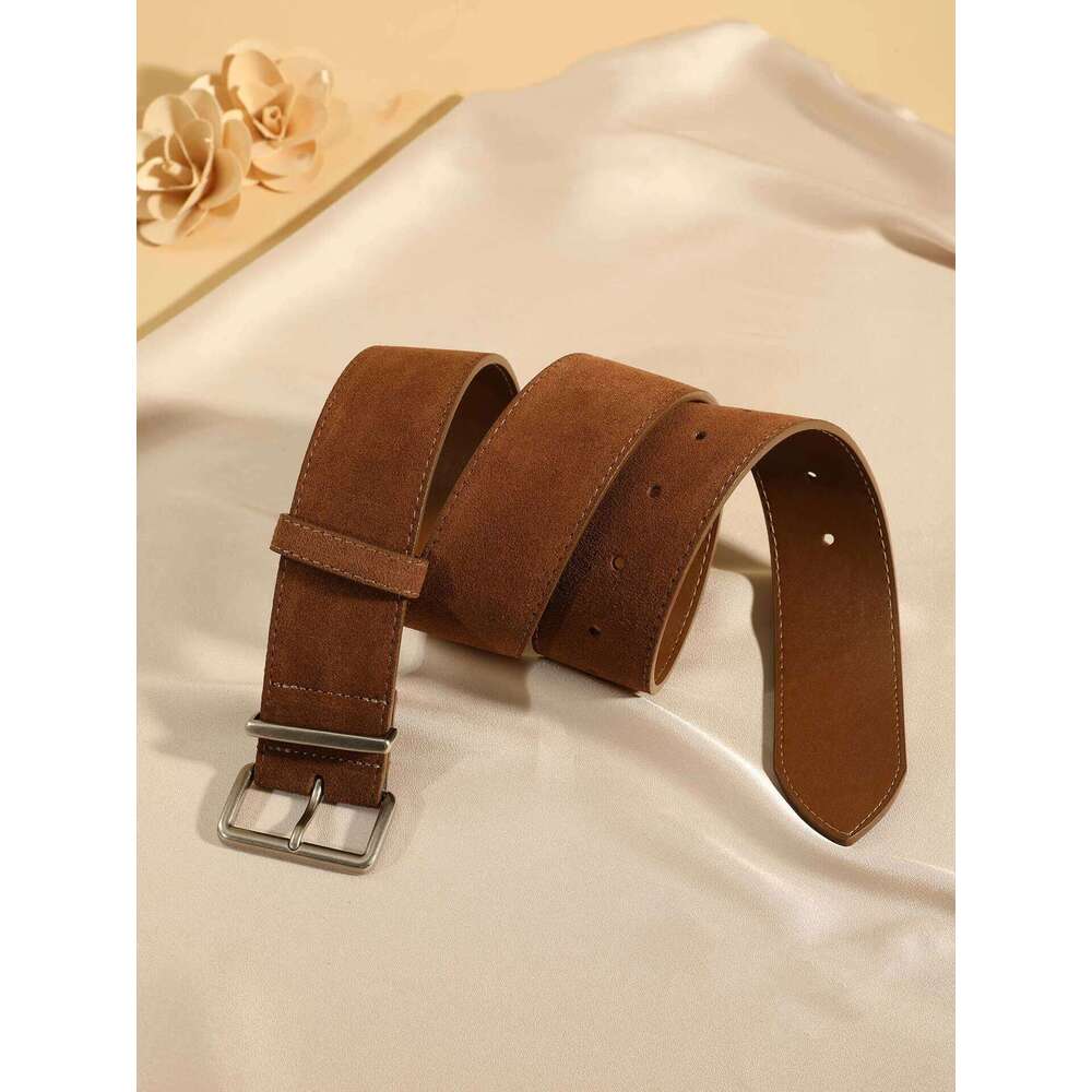 Elegant Women's Suede Leather Belt with Square Silver Buckle Ladies Versatile Girdle for Dresses Sweaters Coats S260228