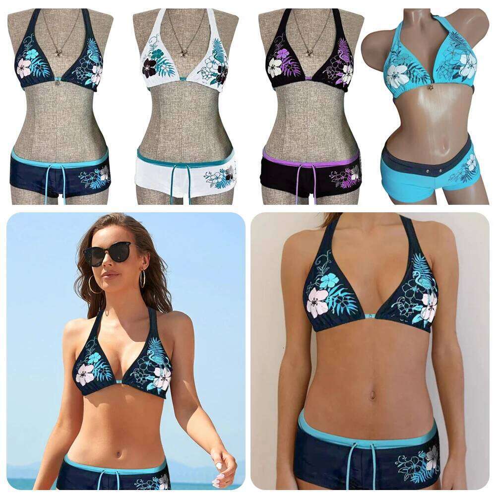 Fashion Vintage Bikini Set Adjustable Sexy Swimsuit Low Waist Flower Print Halter Strap Swimwear Beach Wear Z260301
