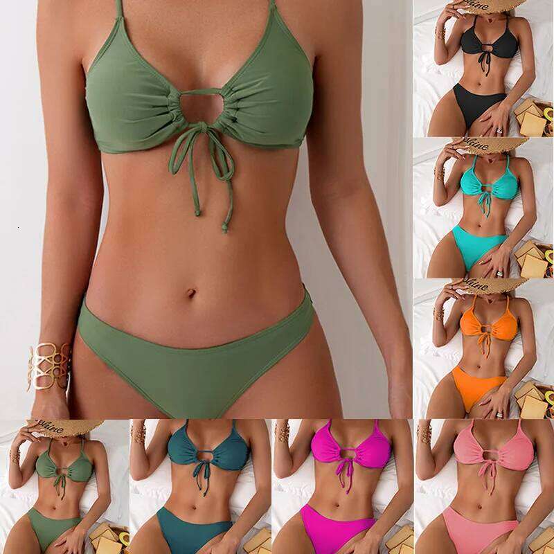 2025 Solid Brazilian Bathing Suit O-ring cut out drawstring chest cami bikini set padded two piece swimsuit swimwear for women Z260301