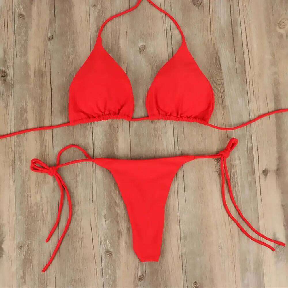 2 Pcs/Set 2024 Bikini Solid Color Halter Neck Strap Thong Women Swimsuit Set for Beach Z260301