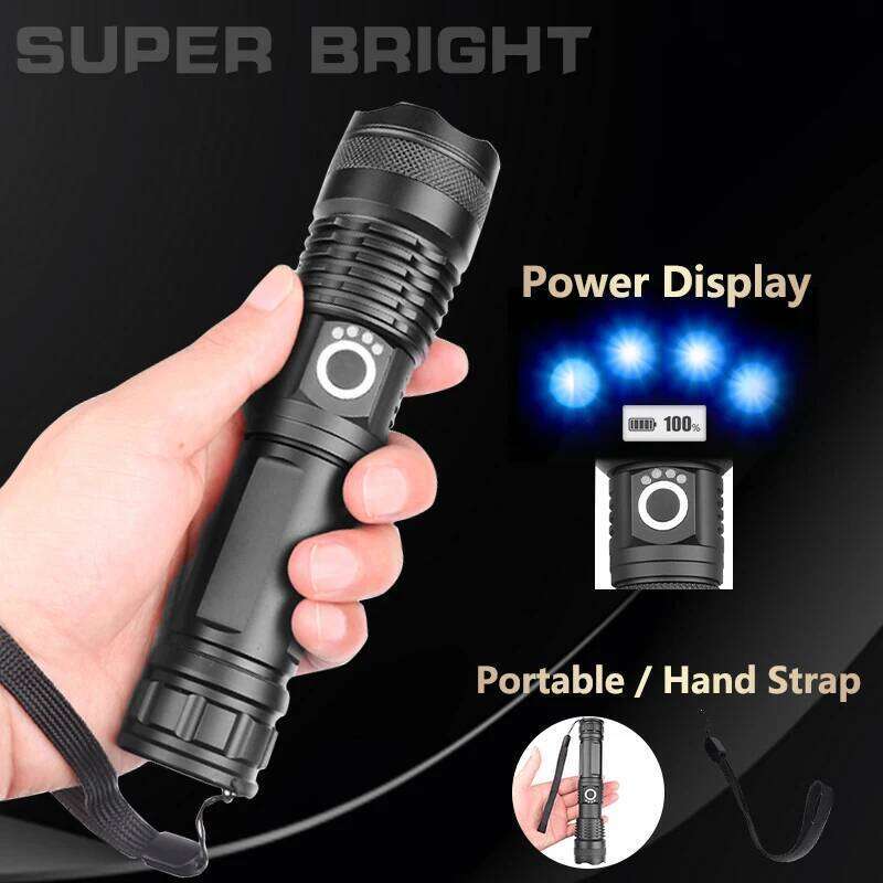 Super Bright LED Flashlight USB Rechargeable with Battery Display Torch Zoomable Suitable for Outdoor Camping Hunting Z260301