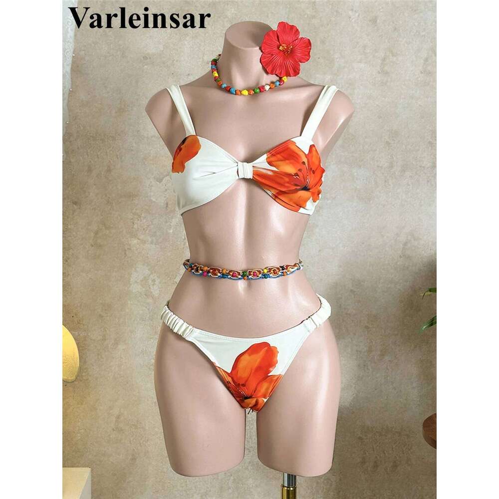 Flowers Floral High Cut Leg Female Swimsuit Women Swimwear Two-pieces Bikini set Brazilian Bather Bathing Suit Swim V7716 Z260301