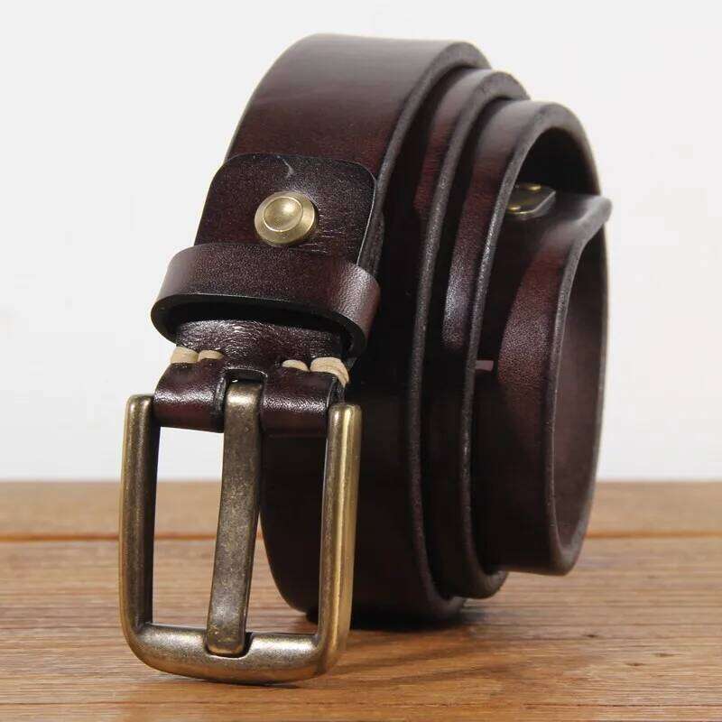 Retro casual extra thick top layer vegetable tanned cowhide pure copper wide pin buckle men's tooling jeans belt S260228