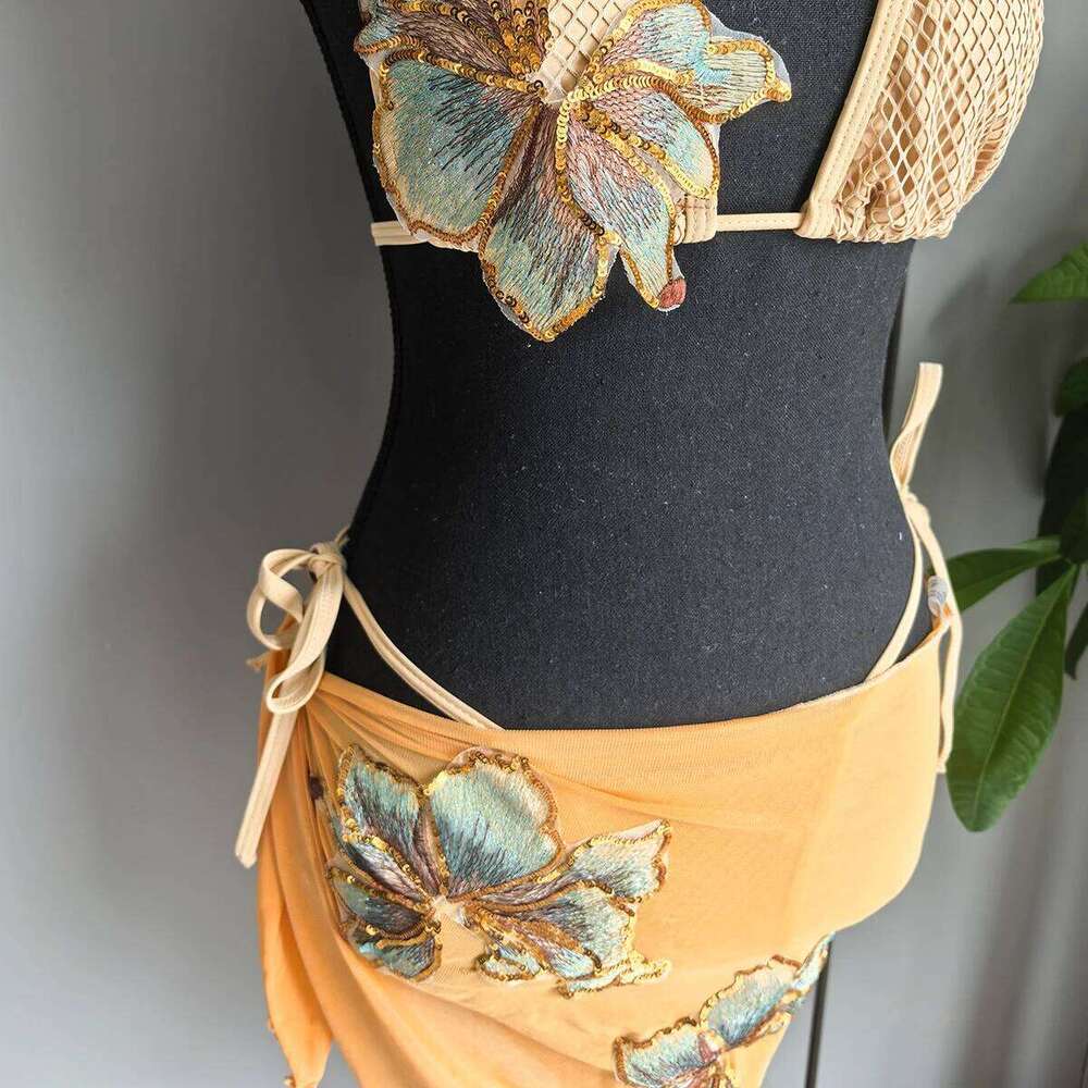 3 Pieces 2025 Sexy Women Swimsuit Swimwear Female Bikini Set Beachwear Bathing Flower Sarong Swimming Suit Cover Ups Z260301