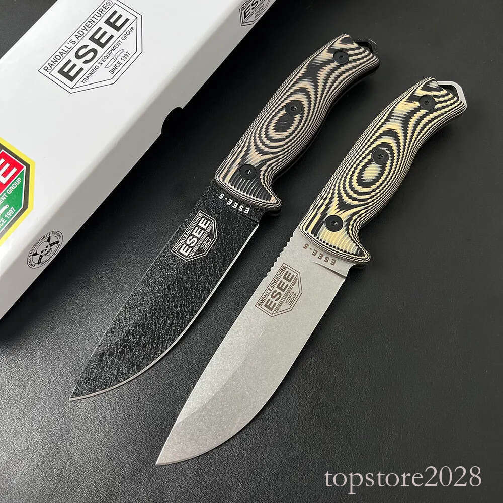 H2501 ESEE-5 Survival Straight Knife 1095 High Carbon Steel Stone Wash Drop Point Full Tang G10 Handle Outdoor Fixed Blade Knives with Kydex