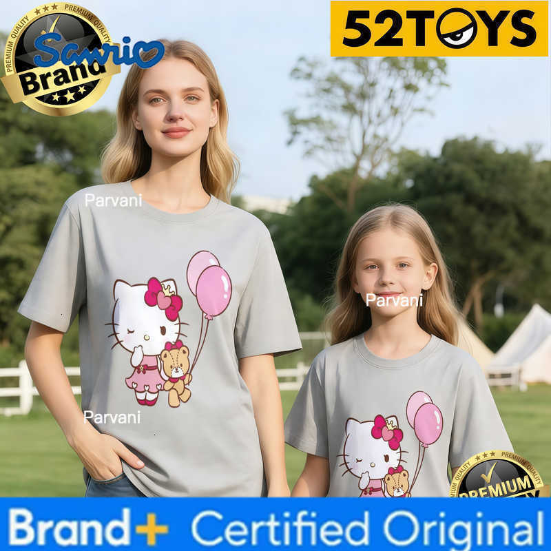 Sanrio 2026 Autumn-Winter Trending Hello Kitty Balloon Teddy Print 100 Cotton Parent-Child T-Shirts High Quality Loose Casual Y2K H260302