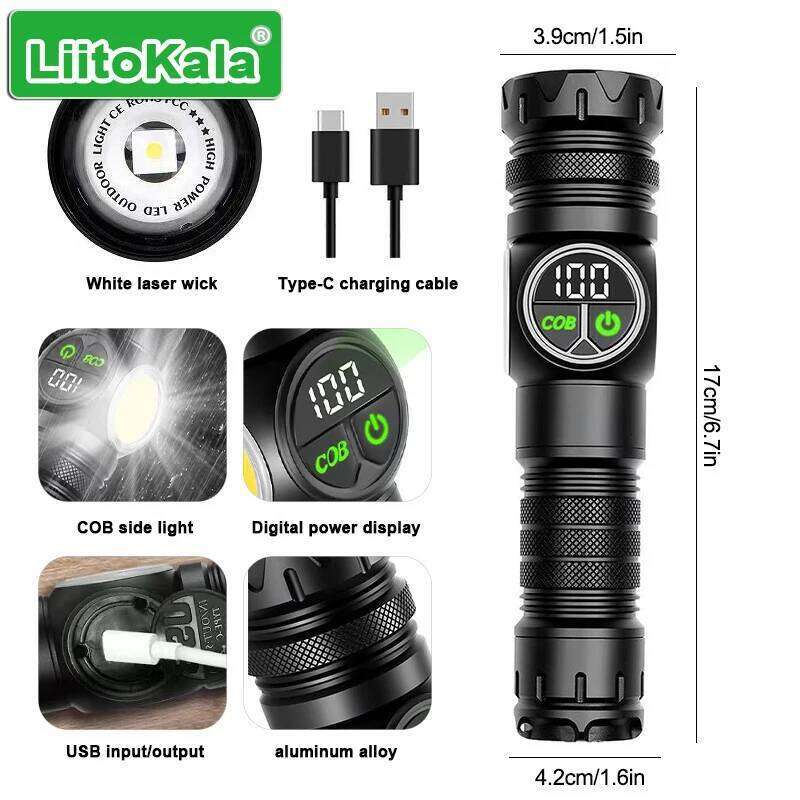 LiitoKala Digital Display Flashlight COB Side Light Compatible with 18650/26650 Batteries Handheld Tactical LED Lamp Z260301