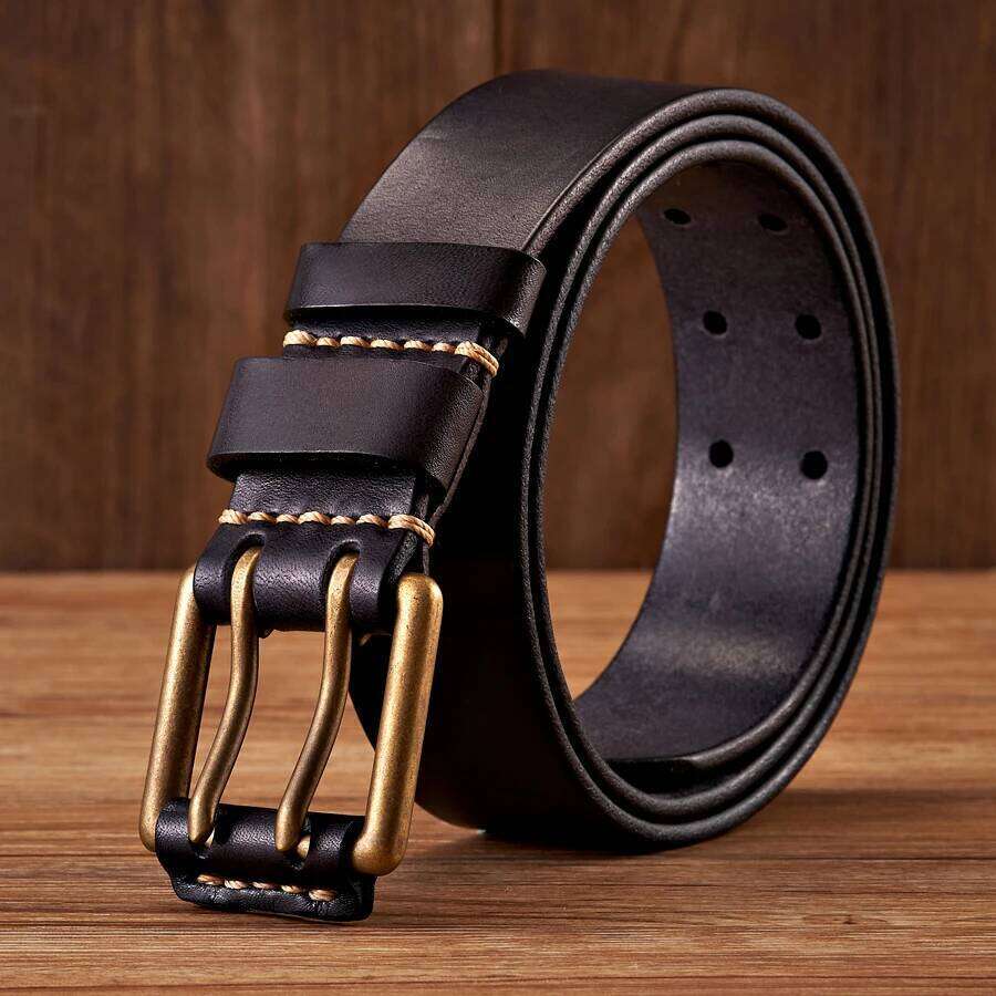 3.8cm Wide Vintage Men's Cowhide Genuine Leather Copper Double Needle Buckle Handmade Jeans Belt Fashion Male Strap S260228