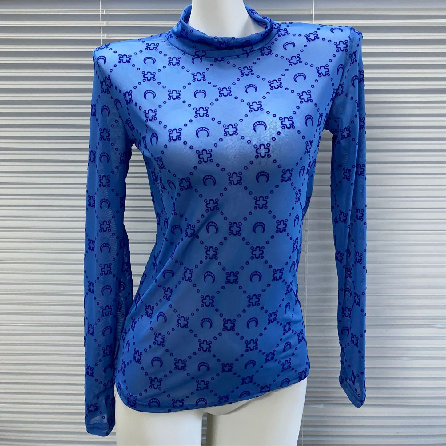 2026 Autumn Winter Turtleneck Mesh, Quilted Pattern, Thumbhole Long Sleeve, Sexy Design, Moon Print Flocked Sheer Top & Bottoms