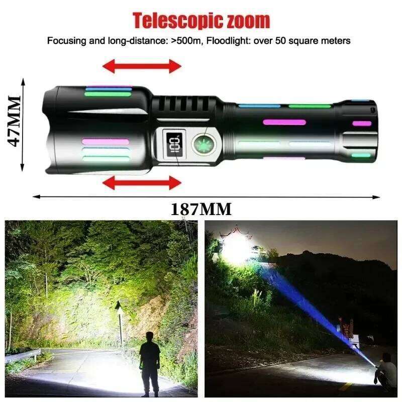 High Power White Laser Flashlight with Luminous Strips TYPE-C Rechargeable Zoomable Handlamp for Outdoor Working Fishing Camping Z260301
