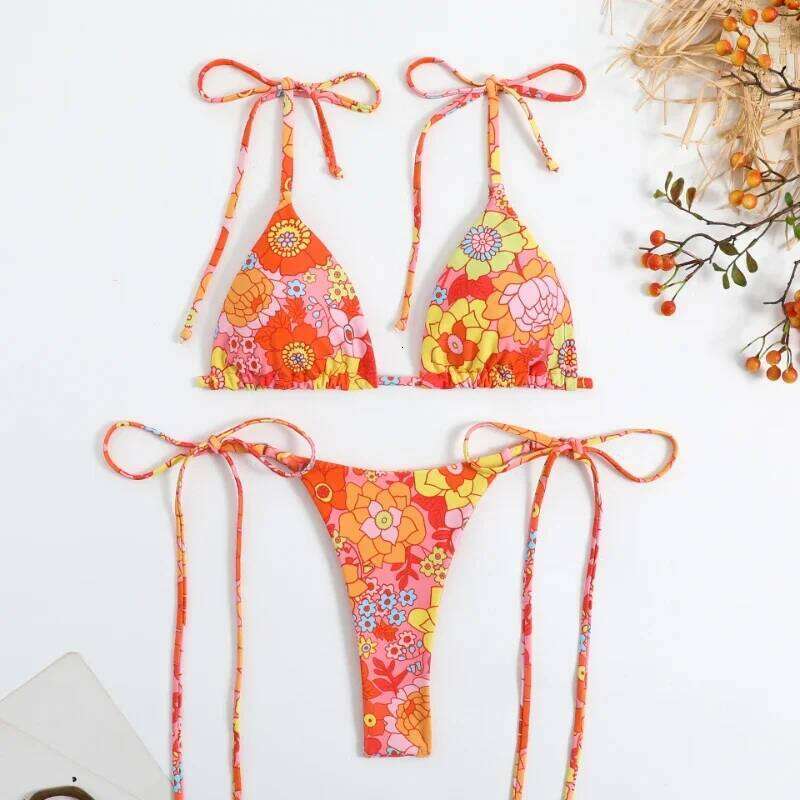 2024 Sexy Bikinis Women Backless Sling Bikini Set Floral Print Strappy Split Swimsuits Female Low Waist Bathing Suits Swimwear Z260301
