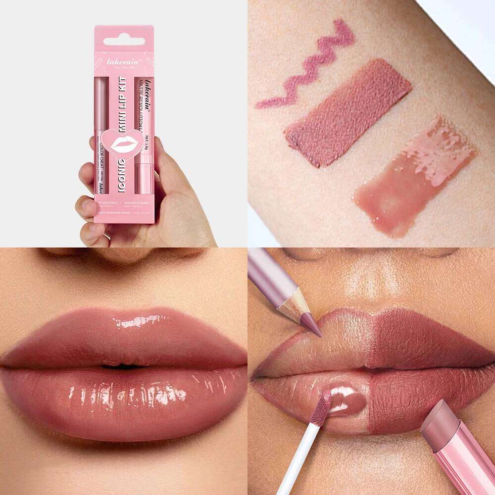 lakerain 3pcs mini matte lipstick+lip gloss+lip liner precise outline three-dimensional lip plumping lipstick set H260302