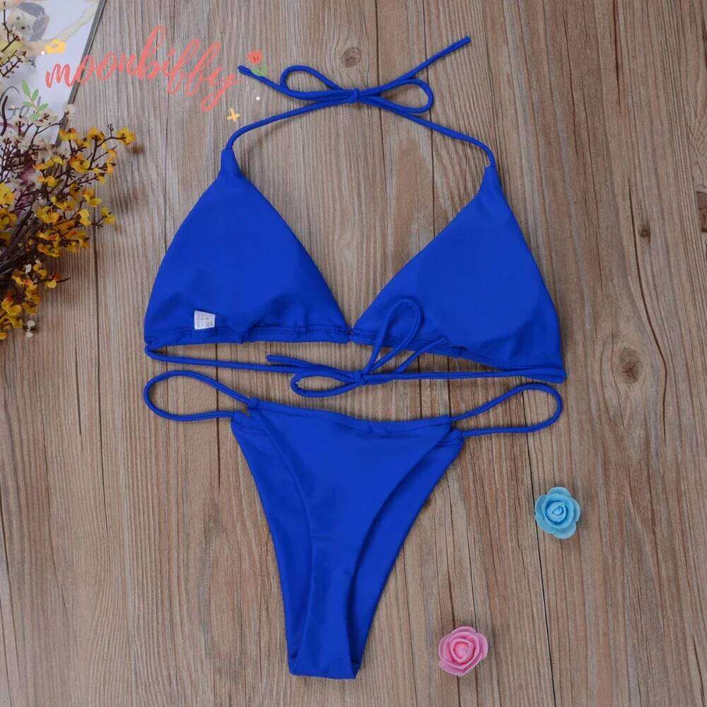 Women Thong Set Side Lace-up Sexy Swimsuit Bandage Neck Tie Swimwear Adjustable Brazilian Style Bikini Underwear Z260301