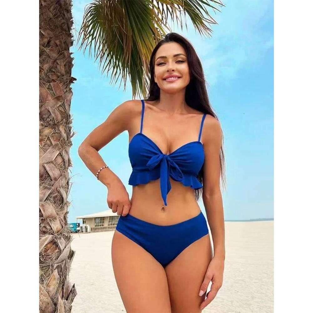 Sexy Blue Dye Gradient Bikini Set 2026 Women Front Tie Ruffles Push Up Skirt 3 Piece Swimsuit Beach Bathing Suit Swimwear Z260301