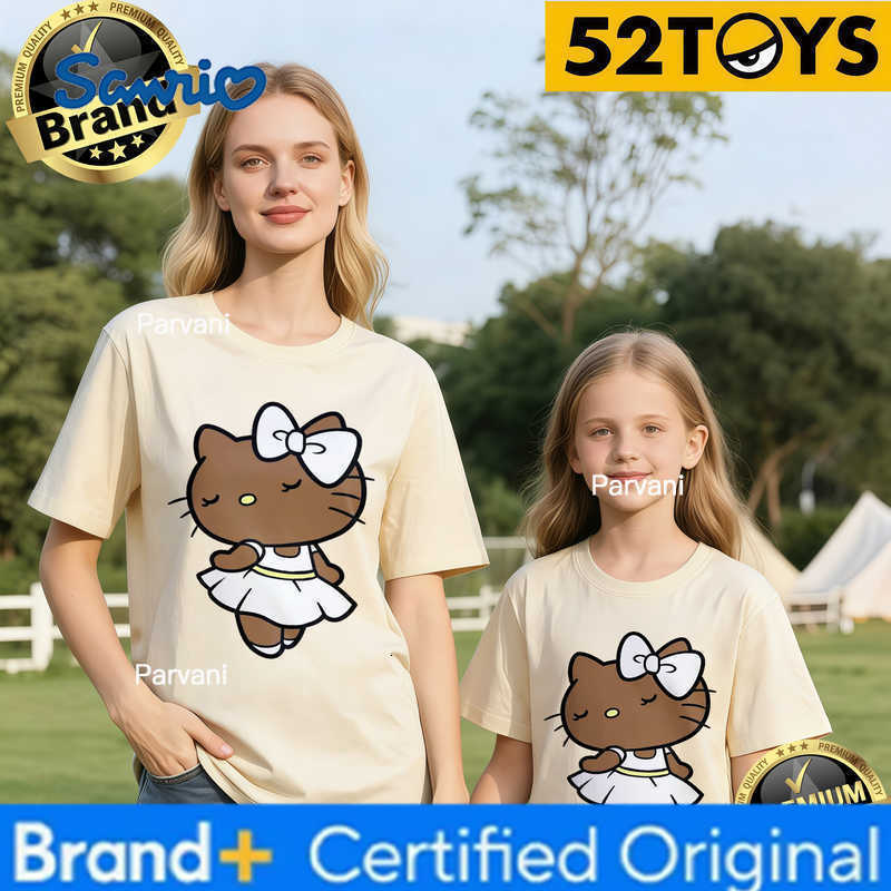 Sanrio 2026 Autumn-Winter Trending Brown Hello Kitty White Dress Print 100 Cotton Parent-Child T-Shirts High Quality Loose Casual H260302