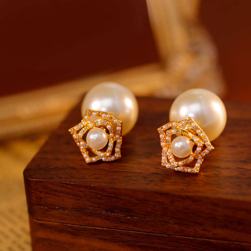 Camellia Double-wear Pearl Zirconia Stud Earrings For Women Fashionable And Elegant High-end Earrings Trendy Ear Accessories