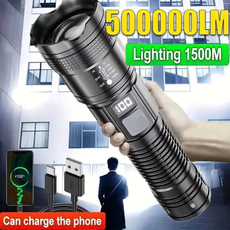 Super Bright Flashlight Built-in Battery USB C Rechargeable LED Flashlights 500000LM High Power Torch Lamp for Camping Lantern Z260301