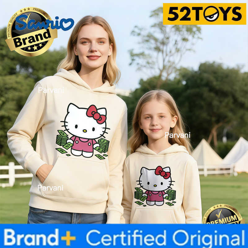 Sanrio 2026 Autumn-Winter Trending Hello Kitty Money Print 100 Cotton Parent-Child Hoodies High Quality Loose Casual Breathable Y2K H260302