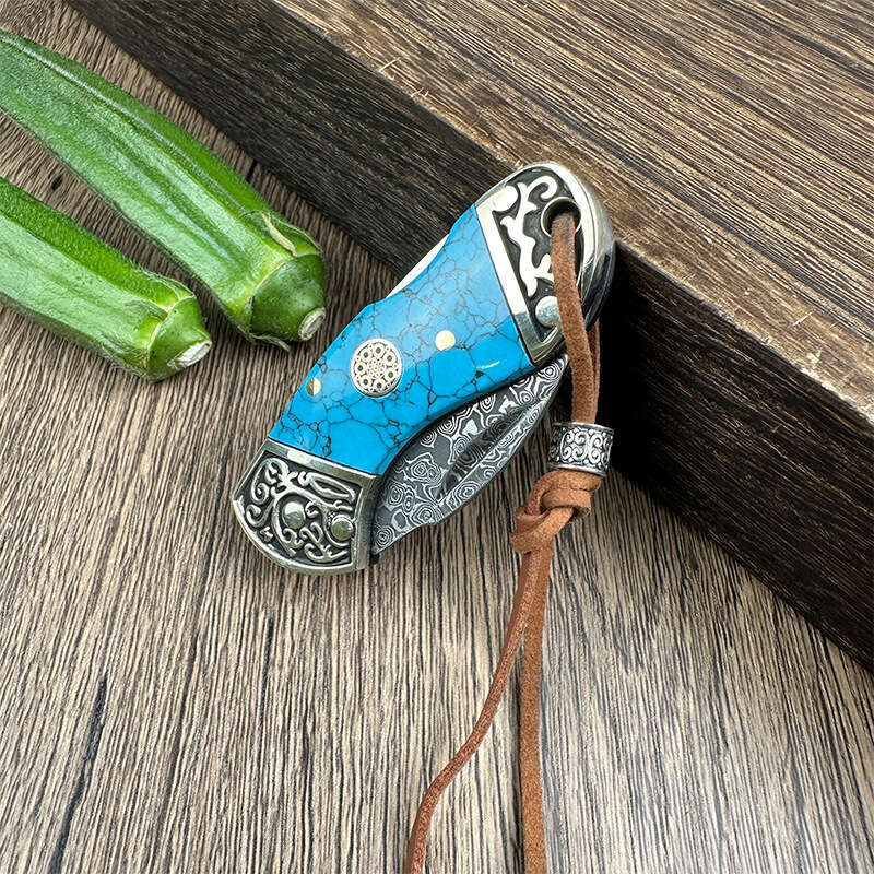 Cross-Border Blue Turquoise Handle Damascus Steel Folding Sharp Fruit Mini Key Knife Pocket Knife Outdoor Equipment
