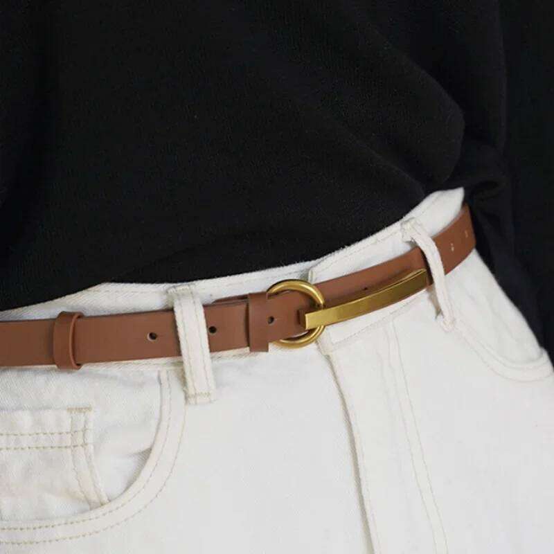 Women Fashion Genuine Leather Retro Long Plate Buckle Belt Designer Cowhide Waistband with High-grade Gold Color Button S260228