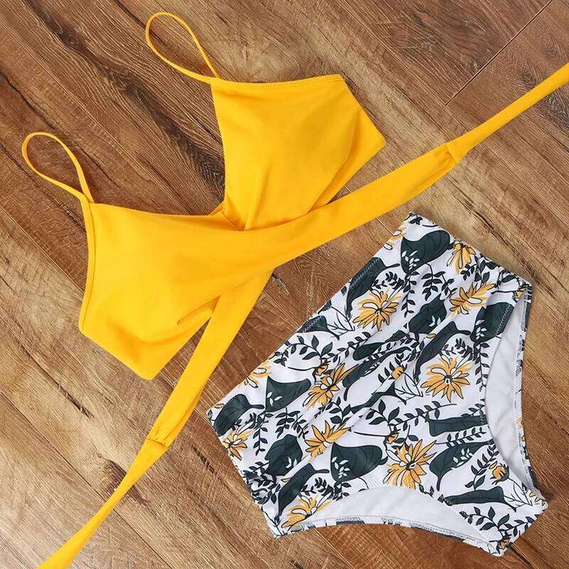 Printing Swimming Suit for Women Sexy Hollow Out Bandage High Waist Bikini Set Swimwear Summer 2025 New Beachwear Bathing Suits Z260301