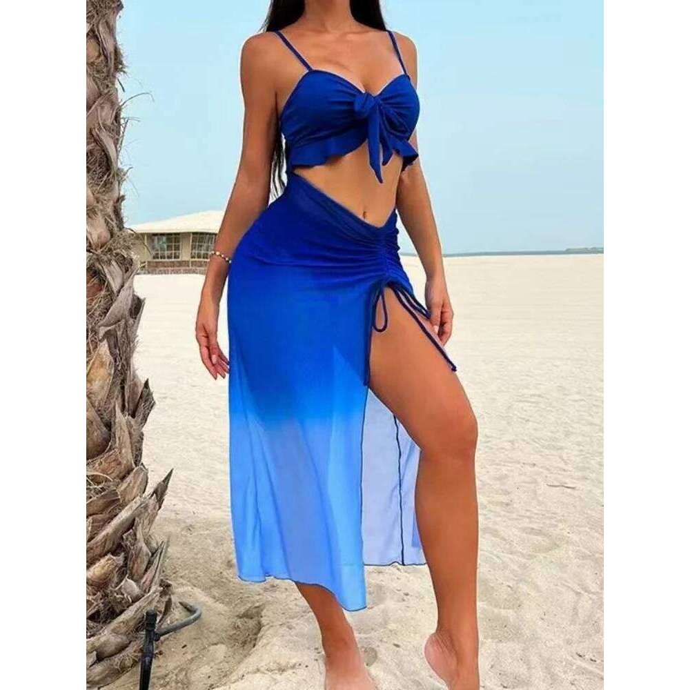 Sexy Blue Dye Gradient Bikini Set 2026 Women Front Tie Ruffles Push Up Skirt 3 Piece Swimsuit Beach Bathing Suit Swimwear Z260301
