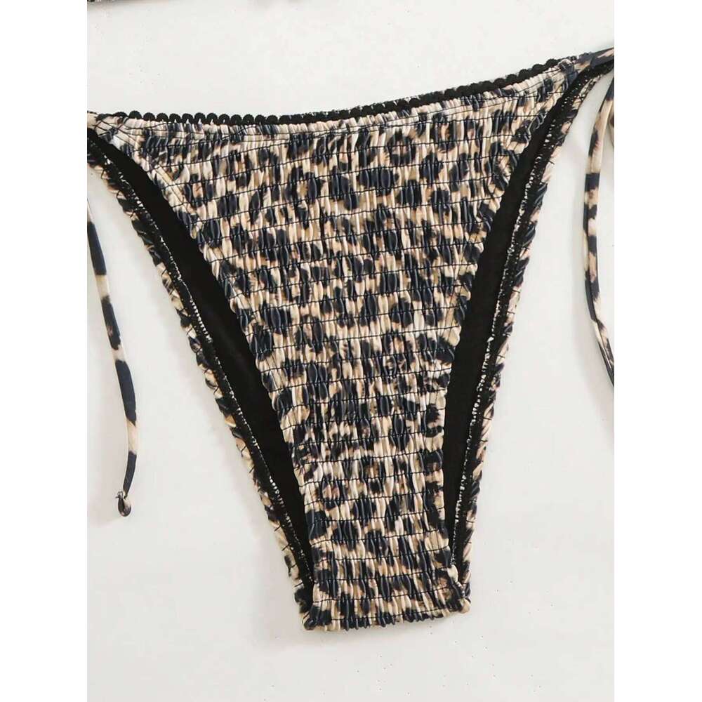 Summer fashion leopard print pleated metal jewelry halterneck string bikini set, suitable for vacations, festivals, beach Z260301