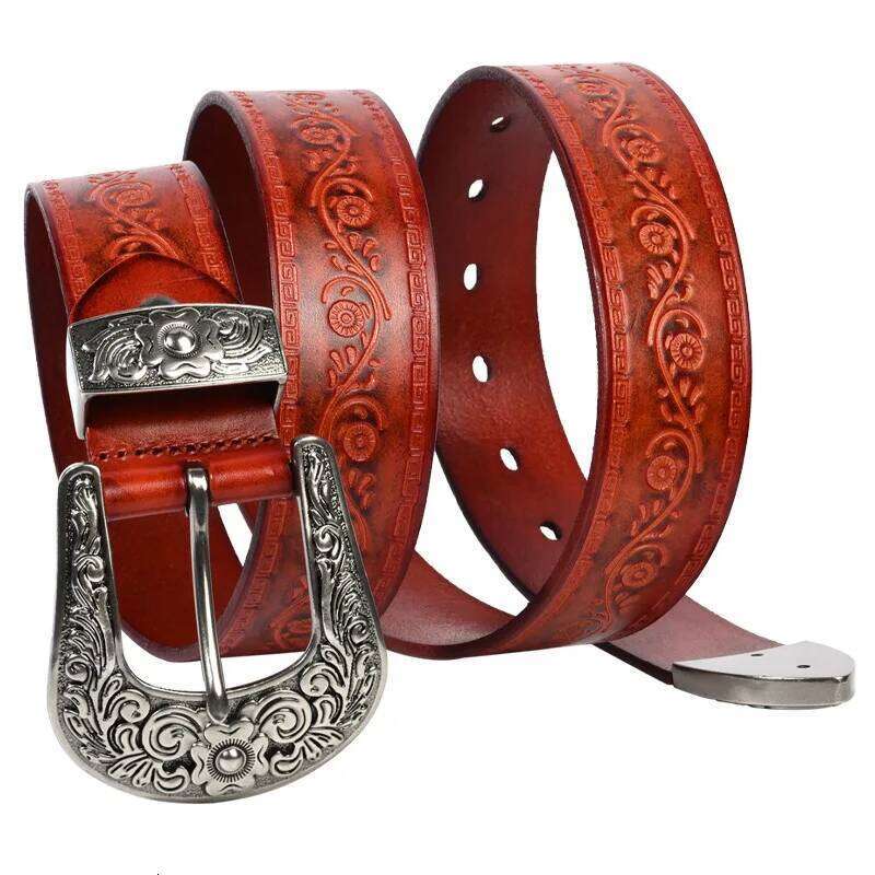 3.8cm Width Men Genuine Leather Vintage Luxury Print Pin Buckle High Quality Cowskin Cowhide Strap Jeans Belt S260228