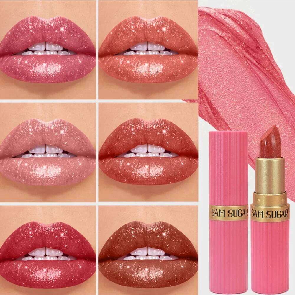 6pcs/set Diamond Pink Chocolate Brown Metallic Glitter Lipstick Long-Lasting Shimmer Pearl Sparkling Lip Gloss Makeup H260302