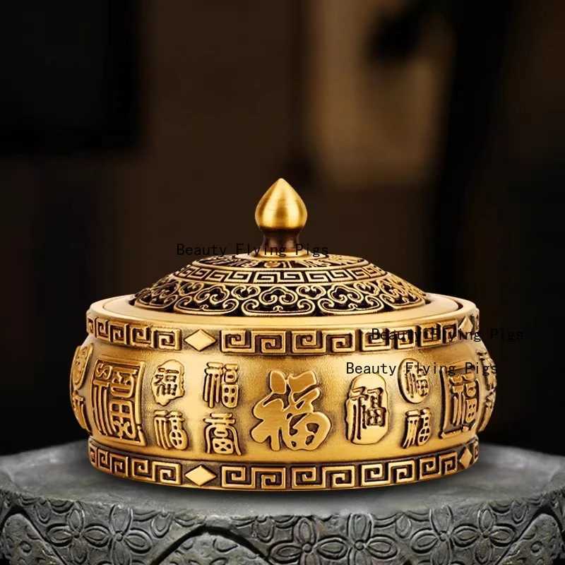 1pc Metal Ashtray Flat Bottomed Ashtray with Lid Desktop Ornament Buddhist Temple Utensils Incense Burner Home DecorationT260302