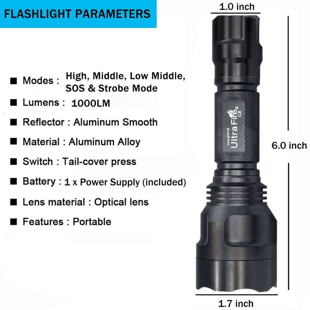 UltraFire C8 5 Mode Flashlight 1000LM High Brightness Long Range Tactical Camping Flashlights Outdoor Waterproof Torch Z260301
