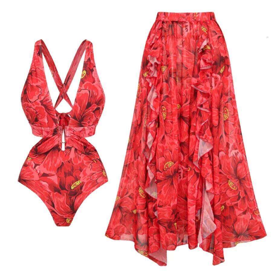 Floral Print Two Swimsuit Blooming Red Flower Vacation One Piece Set Swimwear Bathing Suit Bikini Resort Holiday Wear Z260301