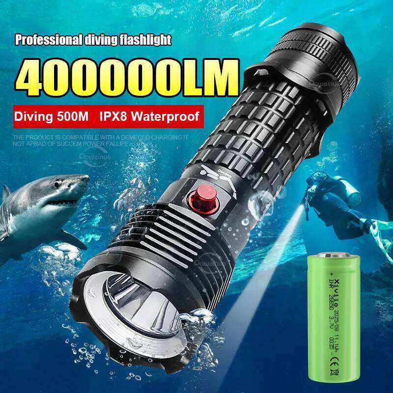 5000mAh LED Flashlight 400000LM XHP199 Underwater Scuba Torch IPX8 Waterproof Professional Powerful Diving Lantern Z260301